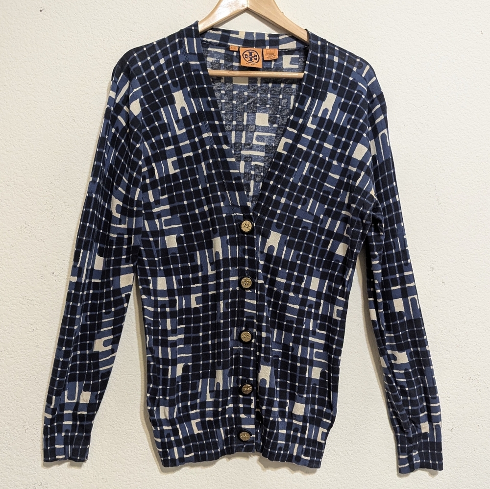 Tory Burch  Logo Gold  Buttons Cotton Lightweight Cardigan Sweater Womens Sz Lg